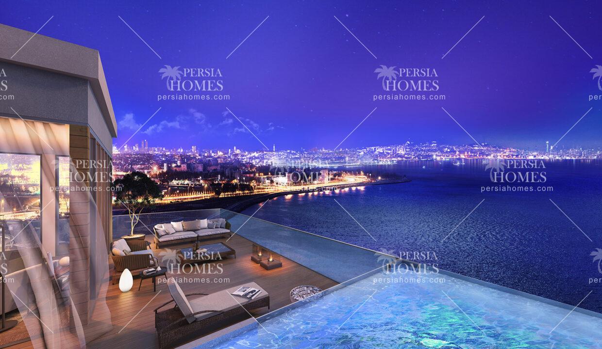 فروش ویژه آپارتمان با منظره دریا در زیتون بورنو استانبول استخر پانورما در شب